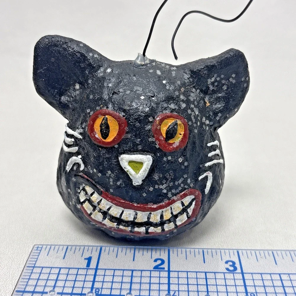 Dept 56 Halloween Paper Mache Black Cat Smiling Head Sparkle Vintage